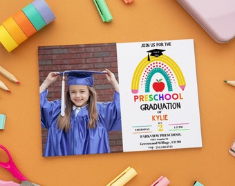 Rainbow Preschool afstuderen uitnodiging met foto, kleuterschool aankondiging uitnodigen, bewerkbare foto uitnodigingssjabloon, Instant Download