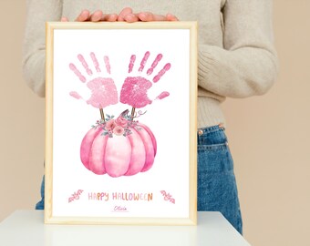 Pink Pumpkin Halloween Handprint Art, My First Halloween Pumpkin Handprint, Autumm Art Craft, Handprint Baby Halloween, Digital Printable