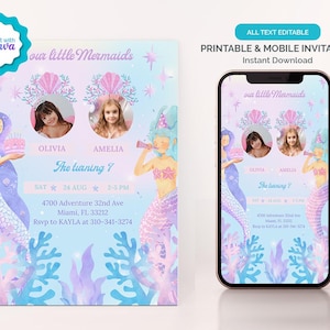 Mermaid Sibling Invitation with Photo, Two Mermaids Siblings Twins Joint Birthday Invitation, Birthday Invitation for Sisters or Twins