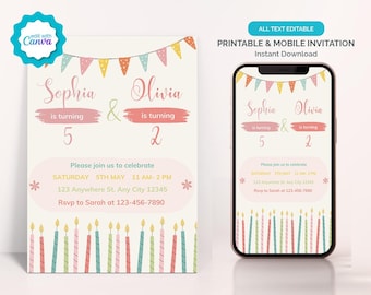 Könnte beinhalten: Druckbare Geburtstagseinladung für Sophia, die 5 Jahre alt wird, und Olivia, die 2 Jahre alt wird. Die Einladung zeigt ein buntes Banner mit Flaggen, Kerzen und dem Text "Sophia wird 5 & Olivia wird 2". Sie enthält auch das Datum, die Uhrzeit und den Ort der Party sowie einen Kontakt für RSVP.