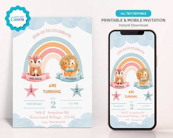Bewerkbare verjaardagsuitnodiging voor broer of zus, Rainbow Joint verjaardagsuitnodiging, dieren tweelinguitnodiging, afdrukbare of digitale telefoonuitnodiging