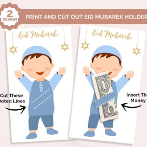 May include: Printable Eid Mubarak money holder featuring a cartoon boy in a blue outfit with the text "Eid Mubarak" and instructions to cut along dotted lines and insert money.