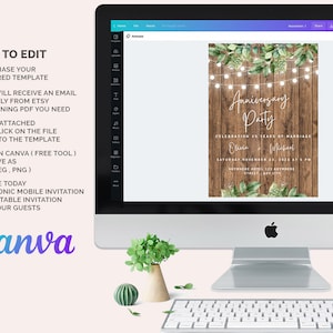 May include: A digital mockup of a rustic wood background with greenery and string lights. The text "Anniversary Party" is written in white script font. The text "Celebration 25 Years of Marriage" is written in white sans-serif font. The names "Olivia & Michael" are written in white sans-serif font. The date and time "Saturday November 22, 2022 at 5 PM" is written in white sans-serif font. The location "Anywhere Hotel 123 Anywhere Street, Any City" is written in white sans-serif font. The image is displayed on a computer screen with the Canva logo visible.