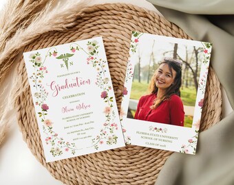 Graduation Announcement Card, Wildflower Graduation Party Invitation Template, Boho Graduation Announcement, Photo Graduation Invitation