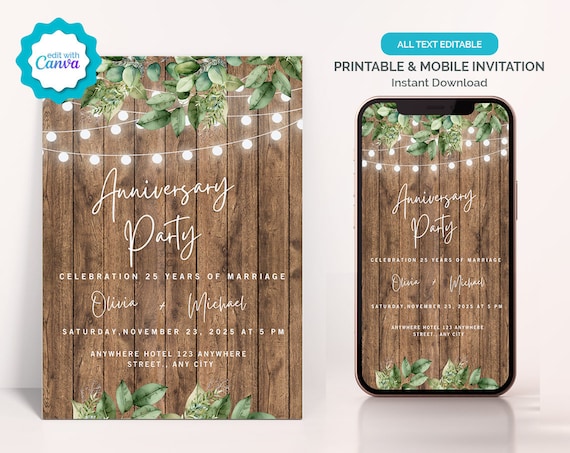 Editable Rustic Anniversary Invitation, String Light Wedding Anniversary Invitation, Greenery Phone Anniversary Invitation, Instant Download