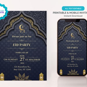 May include: Printable Eid party invitation with a blue and gold design. The invitation features an ornate archway with a crescent moon and stars. The text reads "Please join us for Eid Party, Insha'Allah, Mar 27 at Maghrib, 2024, 123 Anywhere St., Any City, ST 12345".
