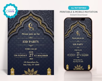 May include: Printable Eid party invitation with a blue and gold design. The invitation features an ornate archway with a crescent moon and stars. The text reads "Please join us for Eid Party, Insha'Allah, Mar 27 at Maghrib, 2024, 123 Anywhere St., Any City, ST 12345".
