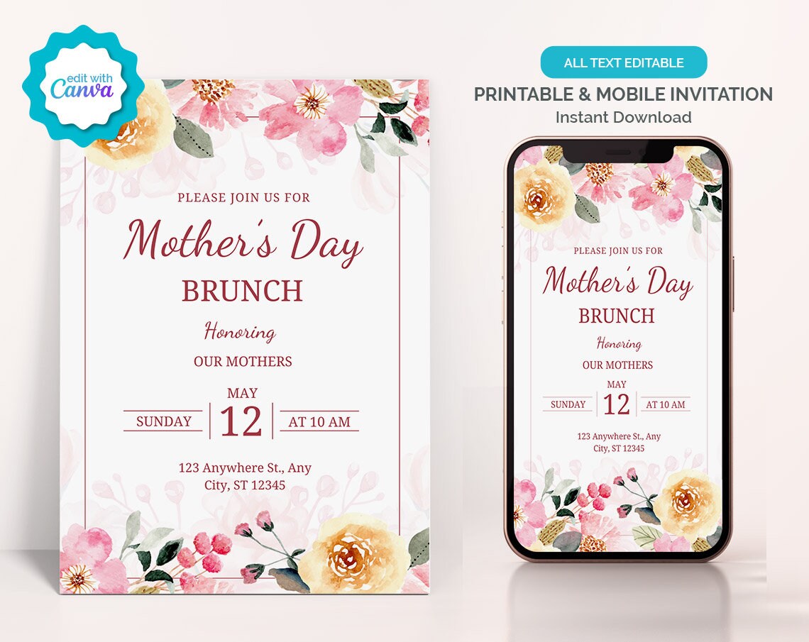 Editable Mothers Day Brunch Invitation, Floral Mothers Day Event ...