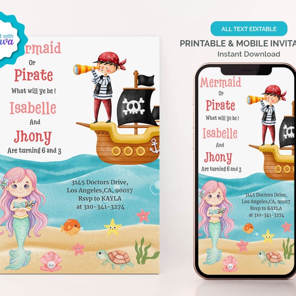 Digital Mermaid and Pirate Birthday Invitation, Phone Joint Birthday Invitation, Sibling Mermaid & Pirate Invite,Twin Birthday Invitation