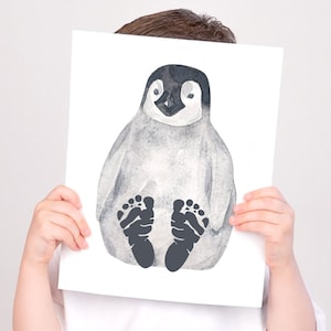 Penguin Baby Footprint Art, Baby Foot Prints Animals, Gender Neutral Nursery Decor, Monochrome Animal Wall Art for Baby Boy or Girl