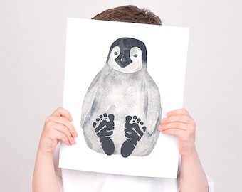 Pinguïn baby voetafdruk kunst, baby voet afdrukken dieren, genderneutraal kinderdagverblijf decor, zwart-wit dieren kunst aan de muur voor babyjongen of meisje