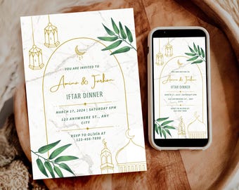 Ramadan iftar-etentje bewerkbare sjabloon, digitale iftar-feestuitnodiging, bewerkbare uitnodiging voor Eid-diner, Ramadan Mubarak
