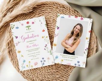 Wildflower Graduation Party Invitation Template, Graduation Announcement Card, Boho Graduation Announcement, Photo Graduation Invitation