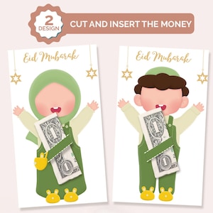 Könnte beinhalten: Zwei Eid Mubarak-Grußkarten mit Cartoon-Kindern, die Dollarnoten halten. Die Karten haben ein grünes und gelbes Farbschema mit dem goldenen Text "Eid Mubarak". Auf der Oberseite der Karten steht "Geld ausschneiden und einlegen".