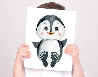 Pinguïn baby handafdruk kunst, baby voet wordt afgedrukt dieren, genderneutraal kinderdagverblijf decor, zwart-wit dieren kunst aan de muur voor babyjongen of meisje