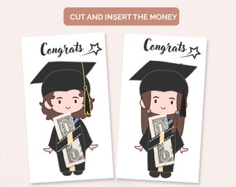 Afstudeergeldhouder, meisje en jongen afstudeergeldhouder, afstudeergeldcadeaukaart, afdrukken en vervolgens knippen, afstudeergeld, gefeliciteerd Grad