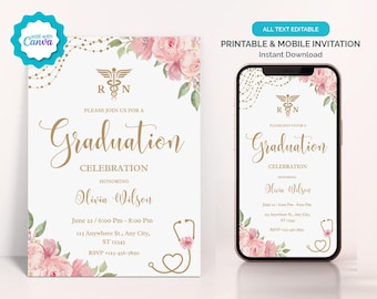 Floral Krankenschwester Graduierung Einladung, Digital Nursing Abschluss Party Einladung, RN Graduierung Einladen, Krankenschwester Ankündigung