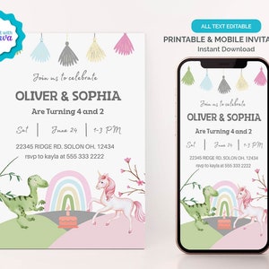 Sibling Birthday Invitation, Twin Unicorn and Dinosaur Birthday Party Invitation, Editable Birthday Party Invitation, Printable or Digital