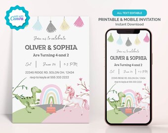 Sibling Birthday Invitation, Twin Unicorn and Dinosaur Birthday Party Invitation, Editable Birthday Party Invitation, Printable or Digital