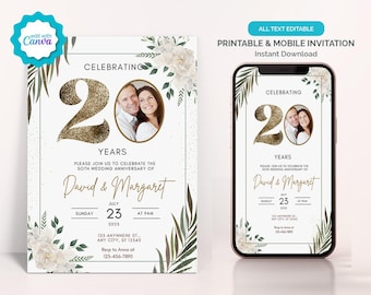 20th Wedding Anniversary Photo Invitation, Digital Greenery Gold 20th Anniversary Invitation, Anniversary Party Invitation Template