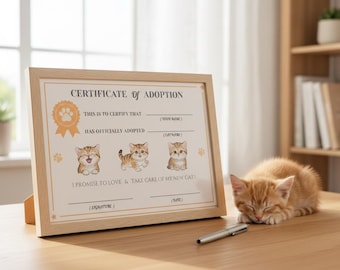 Bewerkbaar adoptiecertificaat kat, afdrukbare geboorteakte kitten, aandenken aan adoptiedag huisdier, direct downloaden, certificaat DIY-huisdier.