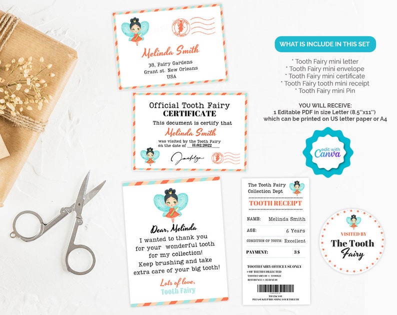 Print at Home Editable Tiny Tooth Fairy Letter, Certificate and Receipt ...