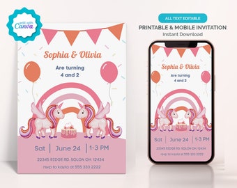 Unicorn Sister Birthday Invitation, Editable Sibling Birthday Invitation, Joint Birthday Party Invitation for Girls, Sisters Party Invite