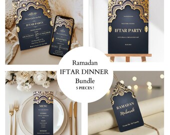 Ramadan iftar-set, 5-delige dinerbundel - digitale uitnodiging, menu, welkomstbord en gunsttag, islamitisch tafeldecor, bewerkbare sjabloon