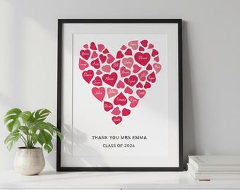 Gepersonaliseerde leraar waardering cadeau, klasse van 2026 hartafdruk, aangepaste studentennamen kunst aan de muur, eindejaarscadeau leraar, decor klas