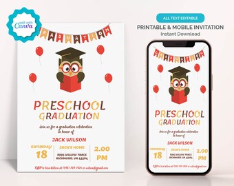 Owl Preschool Invitation, Smart Children Preschool Invitation, Owl Kindergarten Invitation For Girl and Boy, Phone or Printable Editable
