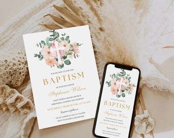 Bewerkbare sjabloon voor doopuitnodiging, doopuitnodiging meisje, roze groene bloemen doopseluitnodiging, afdrukbare en mobiele Evite, doopsel babymeisje