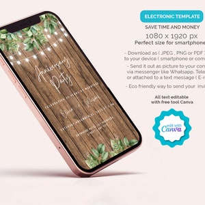 May include: A digital invitation template for an anniversary party. The template features a rustic wooden background with greenery and string lights. The text on the template reads "Anniversary Party" and includes details about the celebration, such as the date, time, and location. The template is editable using Canva.