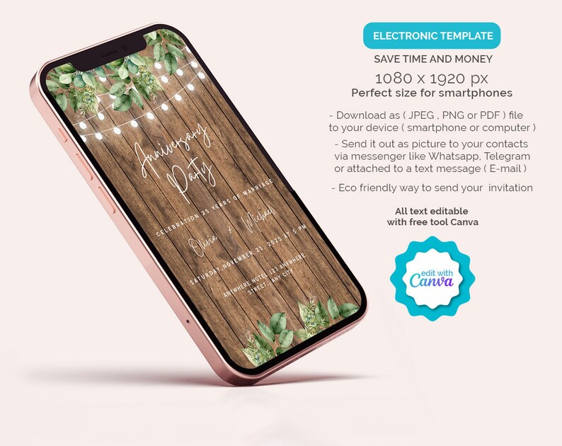 May include: A digital invitation template for an anniversary party. The template features a rustic wooden background with greenery and string lights. The text on the template reads "Anniversary Party" and includes details about the celebration, such as the date, time, and location. The template is editable using Canva.