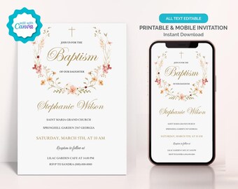 Digitale doopuitnodiging meisje, roze bloemen doopuitnodiging, doop doop 1e communie