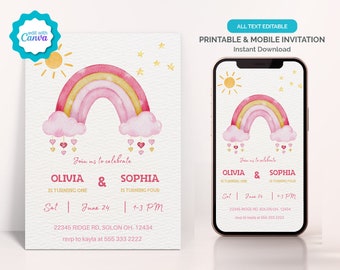 Pink Rainbow Twin Sister Joint Birthday Invitation, Digital Sibling Birthday Invitation, Rainbow Bohem Birthday Invitation, Instant Download
