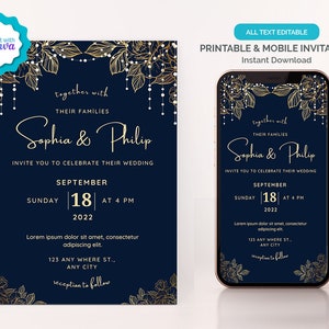 Pode incluir: Um convite de casamento imprimível com fundo azul marinho e detalhes florais dourados. O convite apresenta os nomes "Sophia & Philip" e a data "18 de setembro de 2022".