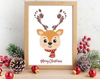 Reindeer Christmas Footprint Art, Printable Christmas Handprint DIY Art, Holiday Memory Activity, Christmas Baby Toddler Craft Keepsake