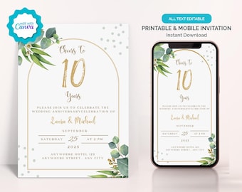 EDITABLE Anniversary Invitation, Cheers to 10 Years Wedding Anniversary Invite, Digital Greenery Gold