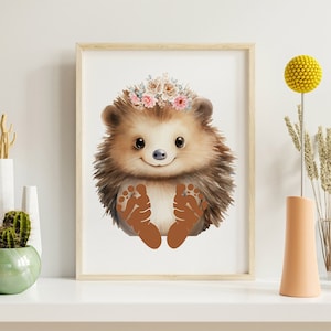 Arte de impressão de mão de ouriço, cartão de bebê infantil, artesanato de impressão de mão de feliz outono, decoração de quarto infantil, lembrança de memória, pegada de arte de parede