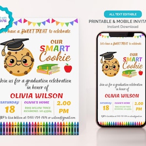 Bearbeitbare Smart Cookie Vorschul-Abschluss-Einladung, Smart Cookie Kindergarten Grad Party-Einladung, Vorschulmutters Haus-Cookie-Party Bild 1