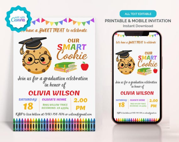 Editable Smart Cookie Preschool Graduation Invitation, Smart Cookie Kindergarten Grad Party Invitation, Preschool Mom's House Cookie Party