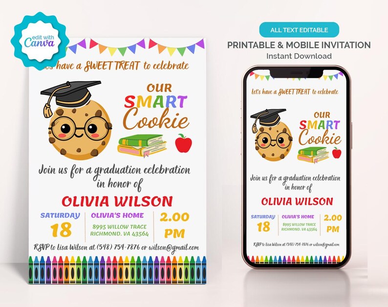 Bearbeitbare Smart Cookie Vorschul-Abschluss-Einladung, Smart Cookie Kindergarten Grad Party-Einladung, Vorschulmutters Haus-Cookie-Party Bild 1
