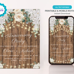 Rustic Floral Anniversary Party Invitation, String Lights Anniversary Invitation, Electronic Anniversary Invitation, All Text Editable