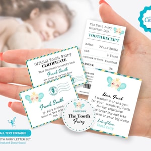 May include: A printable set of tooth fairy certificates and letters. The set includes a certificate, a receipt, and a thank you letter. The certificates and letters feature a tooth fairy with wings and a crown. The text on the certificates and letters is editable.