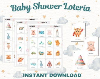 Loteria per baby shower stampabile, gioco per baby shower, loteria per baby shower spagnola, baby shower