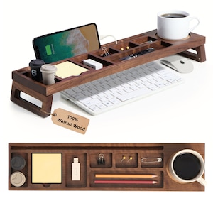 Walnut Wood Desk Organizer for home office, cubicle or dorm room, Tablet and Phone stand, docking station, book stand, journal holder