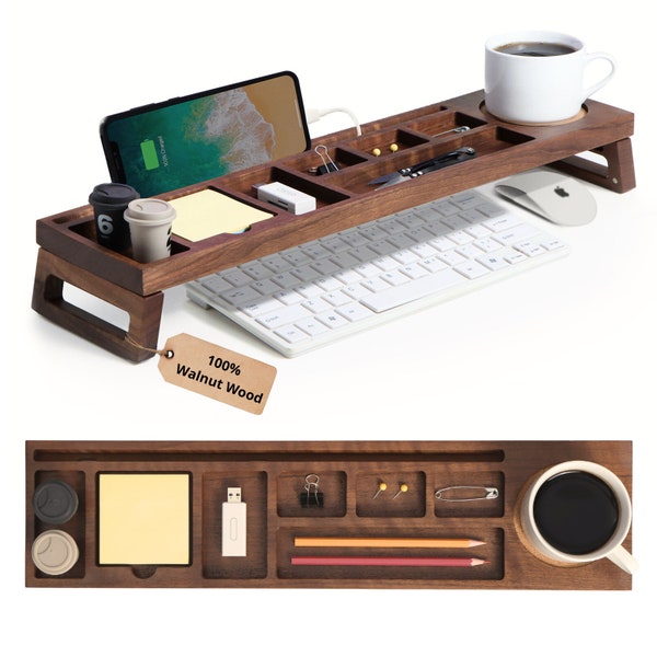 Walnut Wood Desk Organizer for home office, cubicle or dorm room, Tablet and Phone stand, docking station, book stand, journal holder