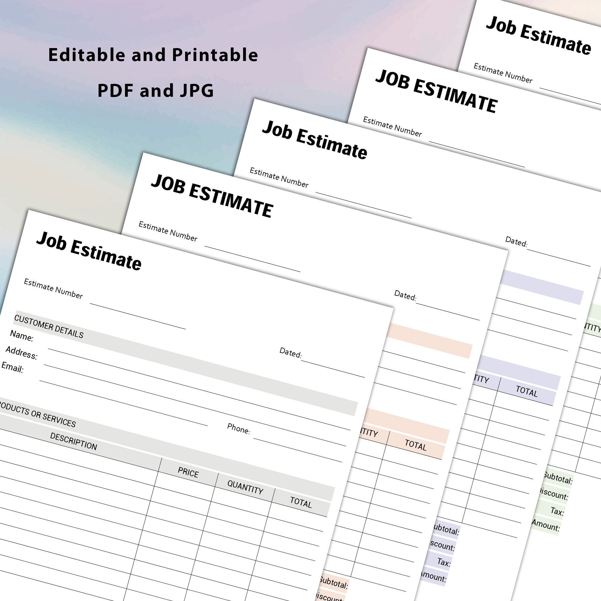 Editable Job Estimate Template, Editable and Printable Estimate Form ...