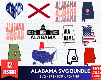 Può includere: Un pacchetto di download digitale di 12 design SVG a tema Alabama. I design includono un cuore con la parola "Alabama" all'interno, un contorno dello stato, una bandiera dello stato, un edificio del Campidoglio e altro ancora. I design sono perfetti per creare artigianato, magliette e altri progetti.
