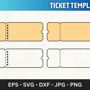 May include: Four ticket templates, two with a light orange background and two with a white background. Each ticket has a perforated line down the middle and a row of stars on the left side.